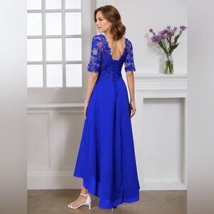 🆕 Royal Blue Lace Bodice Chiffon High-Low Dress